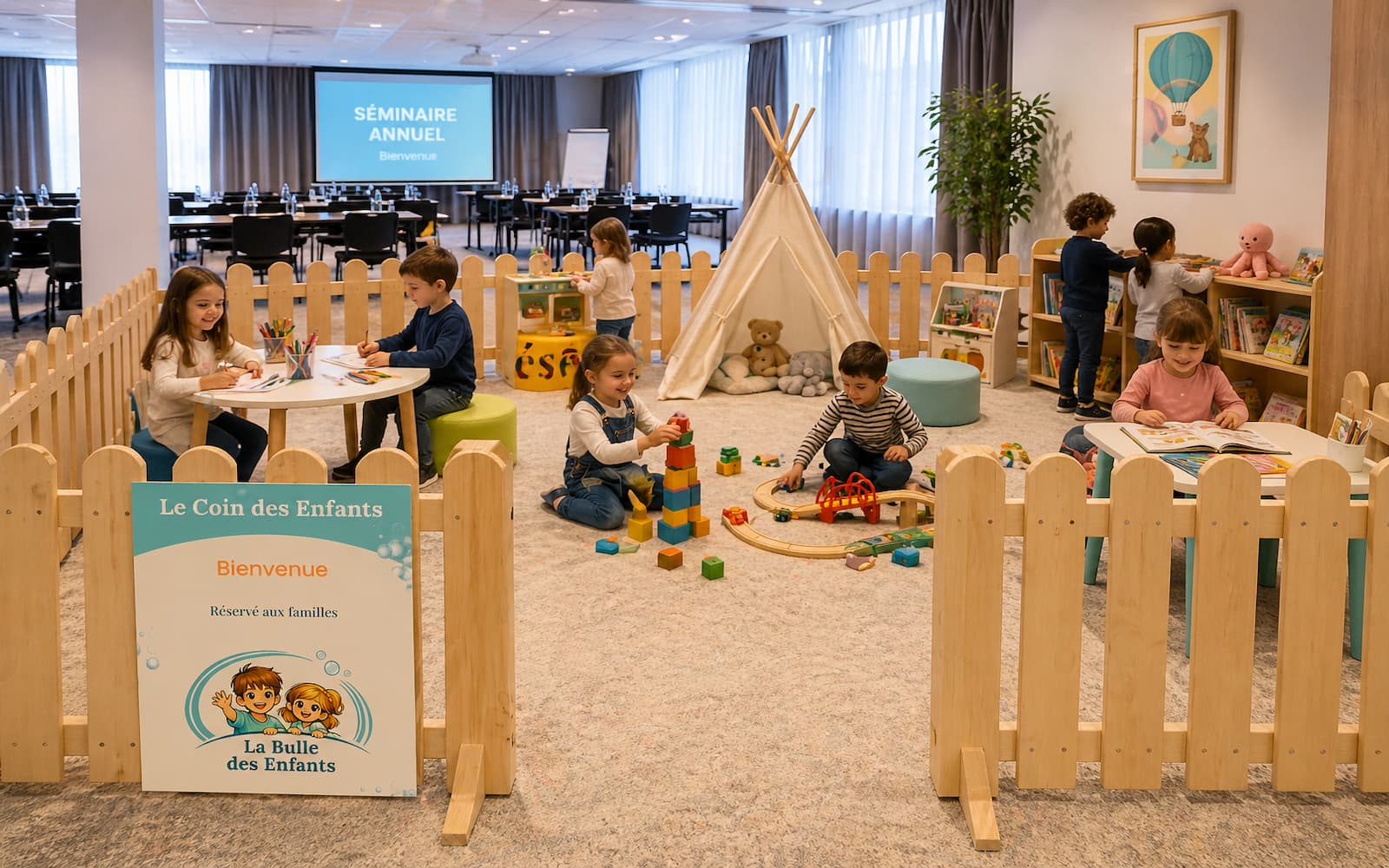 Espace enfant intégré à un événement professionnel — mariage ou séminaire d'entreprise